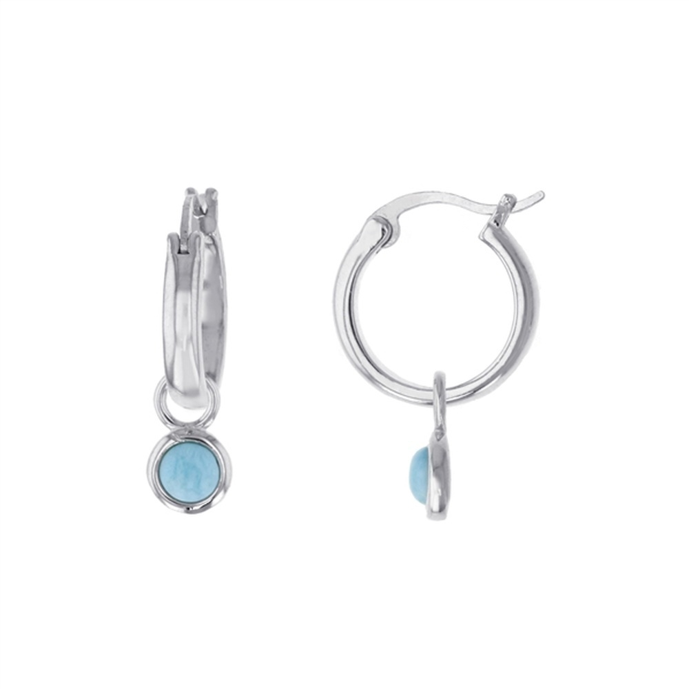 925 Sterling Silver Larimar Round Dangling on 3x15mm Hoop Earrings Clip 4.2 gm